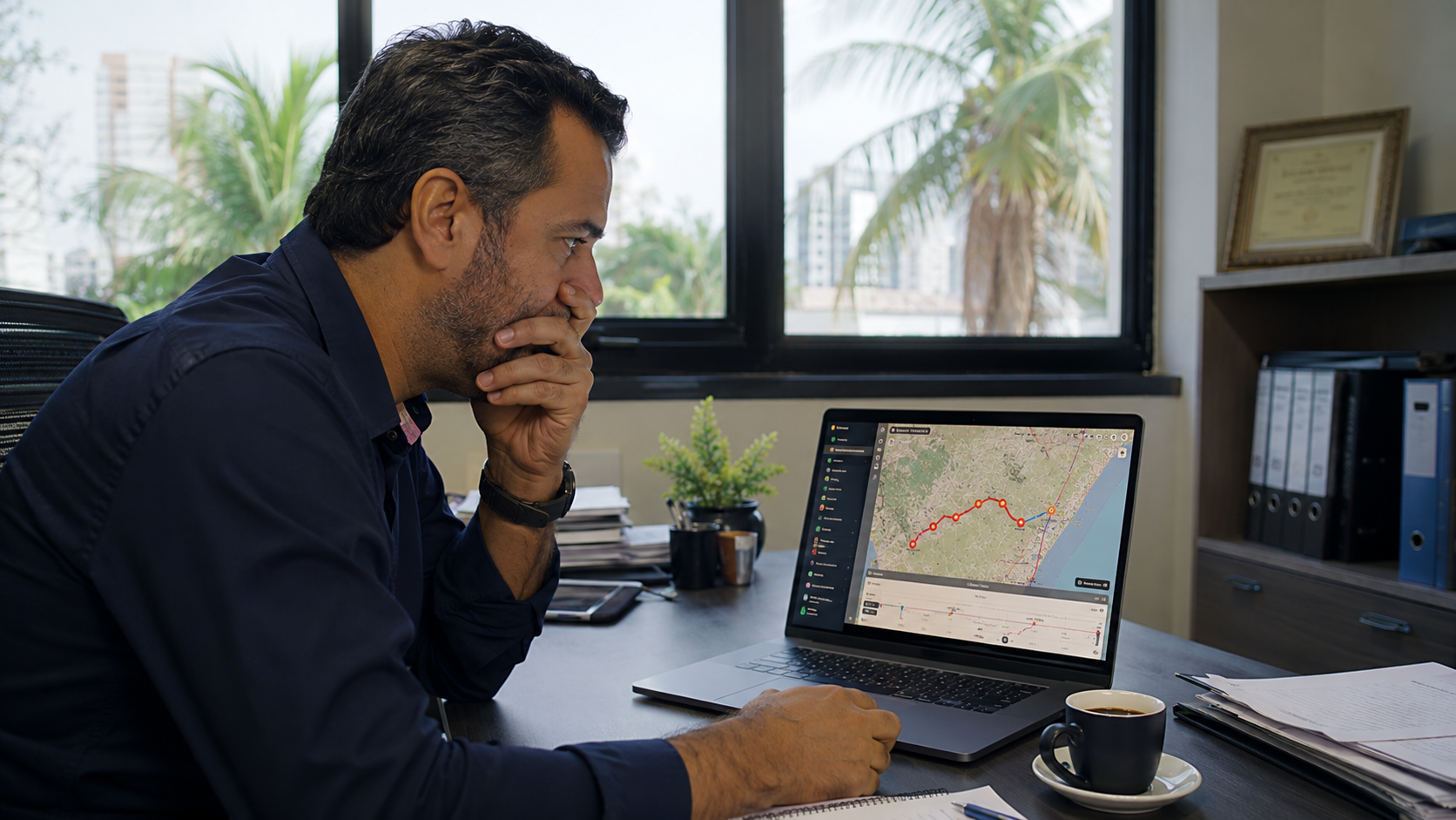 Empresário em Recife analisando relatório de rastreamento de veículos da sua frota