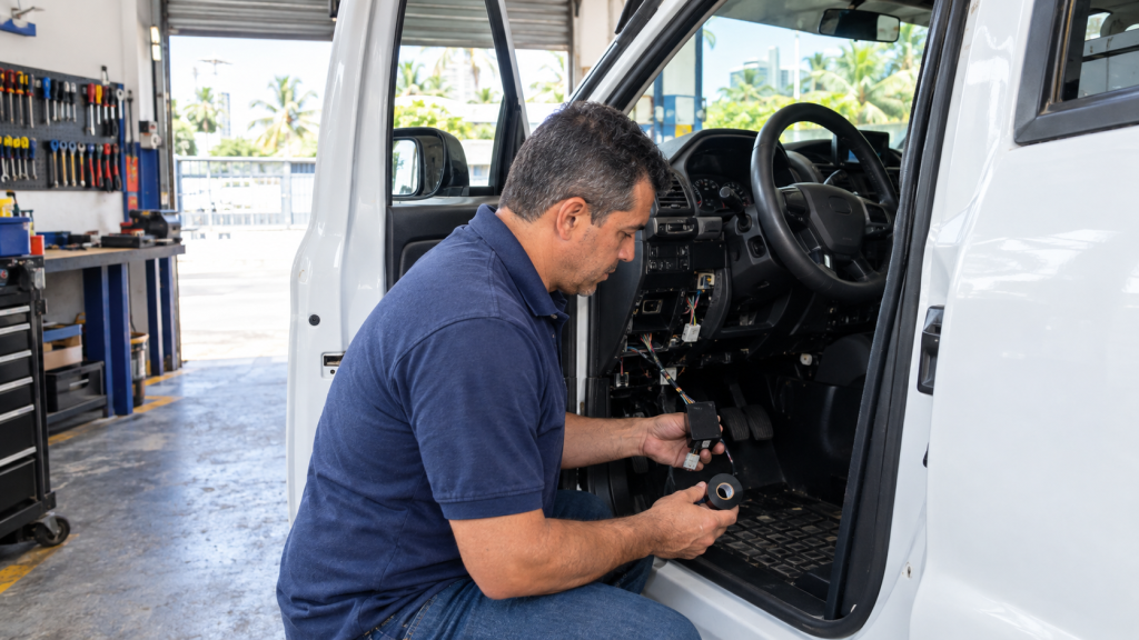 Técnico mostrando onde colocar rastreador veicular no painel de uma van em Recife